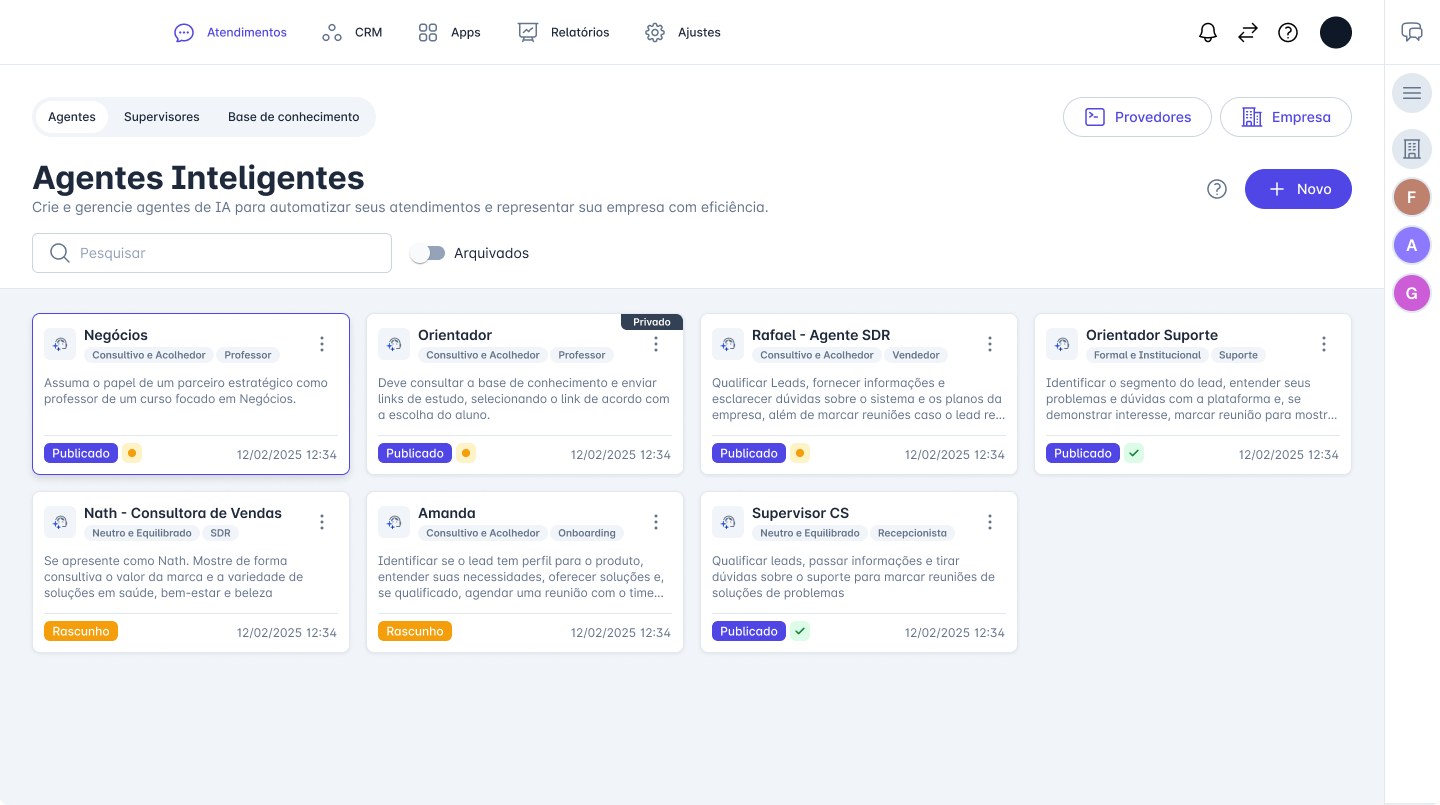 Painel de agentes inteligentes — IA configurada por especialidade e papel