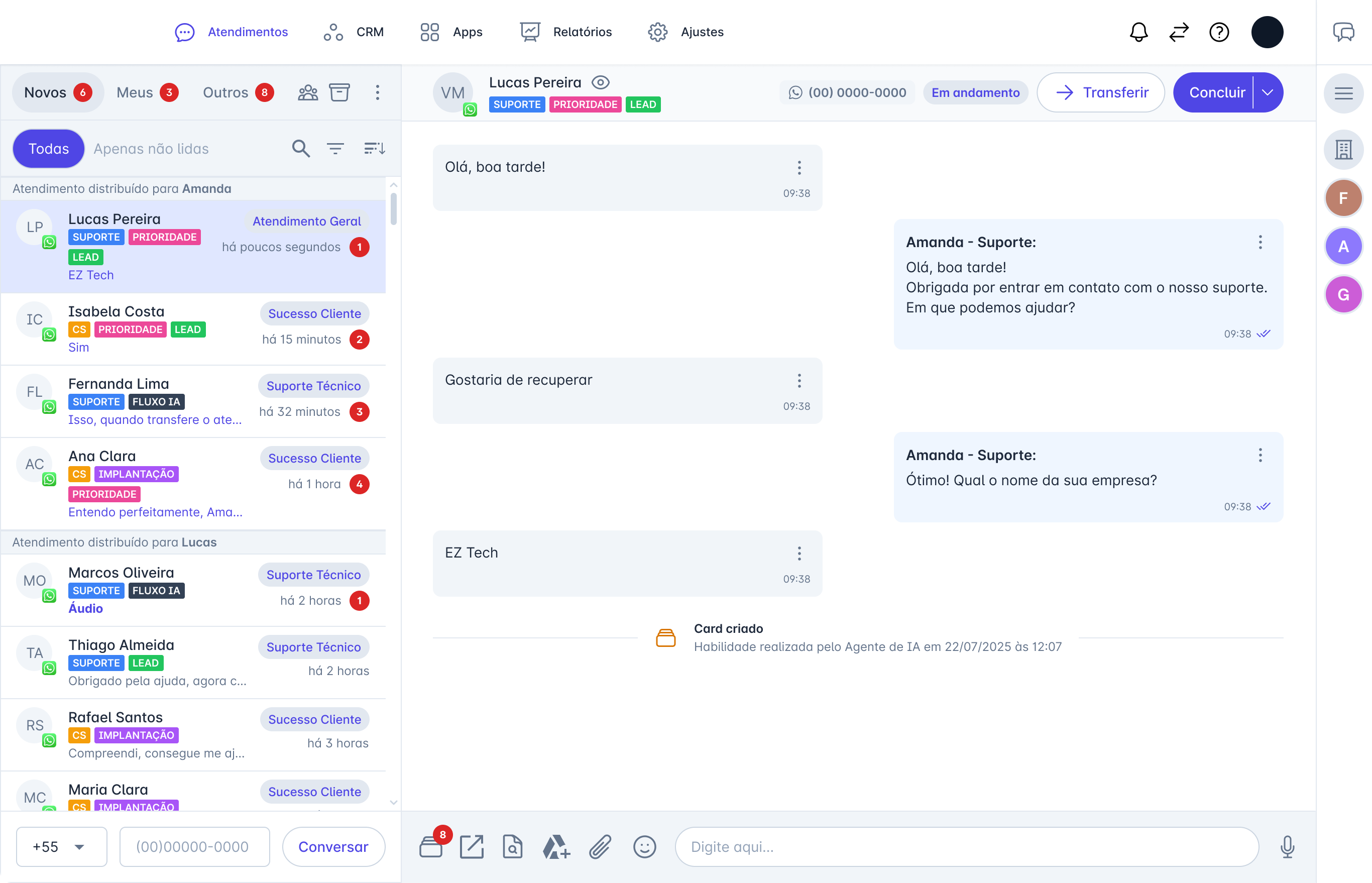 Atendimento real no Aios — agente IA conversando, qualificando e movendo para o funil