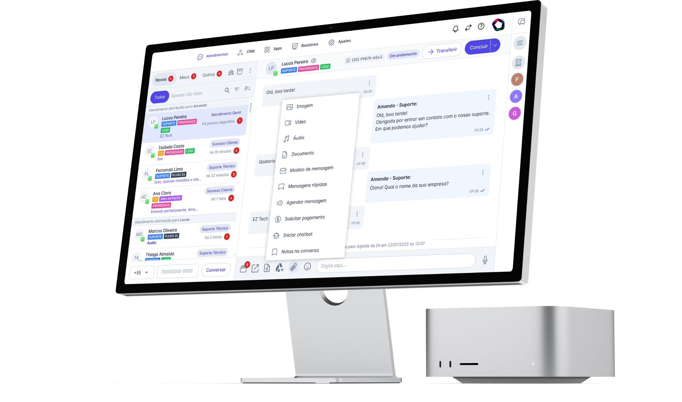 Plataforma Aios em operação — inbox unificado, agente IA e CRM